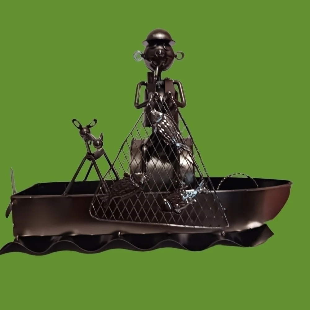 Steampunk industrial art fisherman with dog in boat